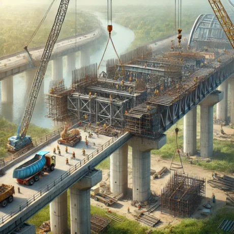 DALL·E 2025-03-15 16.29.49 - A bridge under construction with workers in safety gear and cranes. The scene shows workers carefully building the bridge structure with large steel b