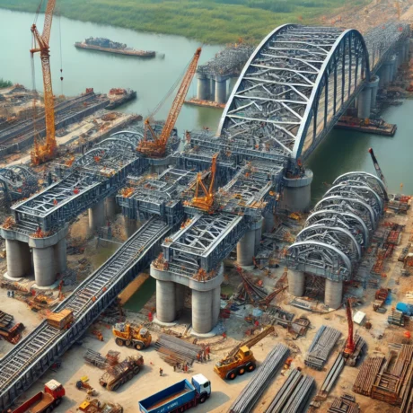 DALL·E 2025-03-15 16.30.14 - A massive bridge being constructed across a large river with workers using cranes and heavy machinery to position large steel sections. The bridge is