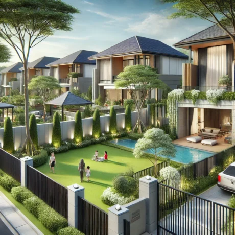 DALL·E 2025-03-15 16.31.26 - A luxurious gated residential community with well-maintained gardens, modern houses, and high walls for privacy. The scene shows a peaceful, secure en