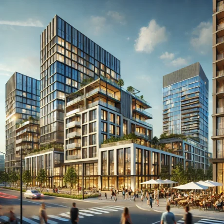 DALL·E 2025-03-15 16.31.30 - A modern mixed-use development with a combination of commercial and residential spaces. The scene features stylish high-rise buildings with both offic
