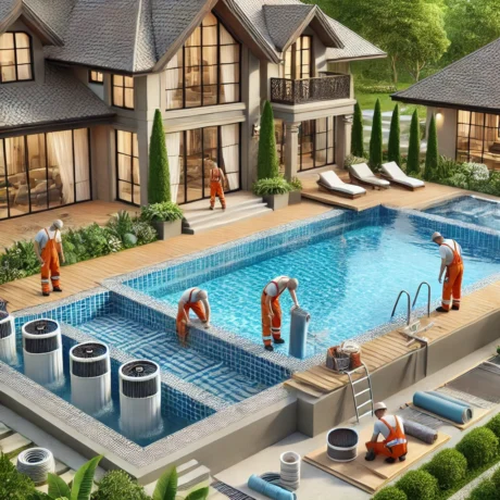 DALL·E 2025-03-15 16.33.27 - A beautiful residential swimming pool under construction with workers installing tiles and advanced filtration systems. The pool is designed with eleg