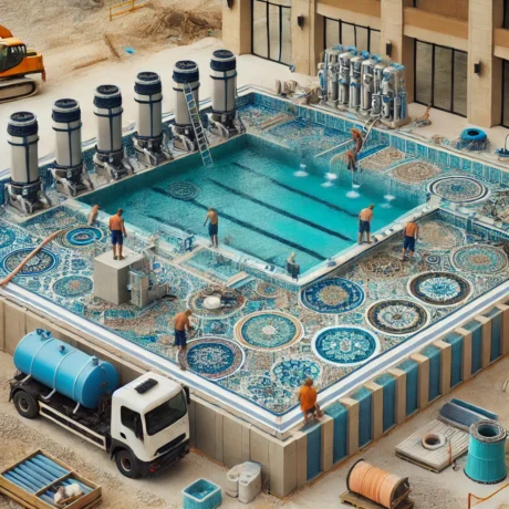 DALL·E 2025-03-15 16.33.35 - A commercial swimming pool construction site with workers installing advanced filtration systems and decorative tiles. The pool is large and designed