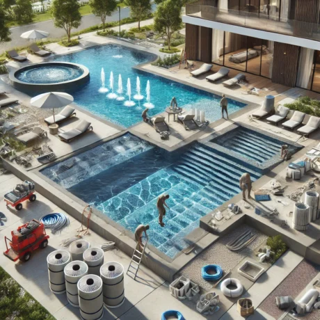 DALL·E 2025-03-15 16.40.32 - A luxurious recreational swimming pool being constructed with advanced materials and filtration systems. The pool design includes stylish features, su