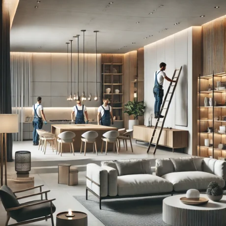 DALL·E 2025-03-15 16.42.08 - A stylish interior of a modern home under construction with workers installing elegant furniture and lighting. The space features sleek furniture, ope