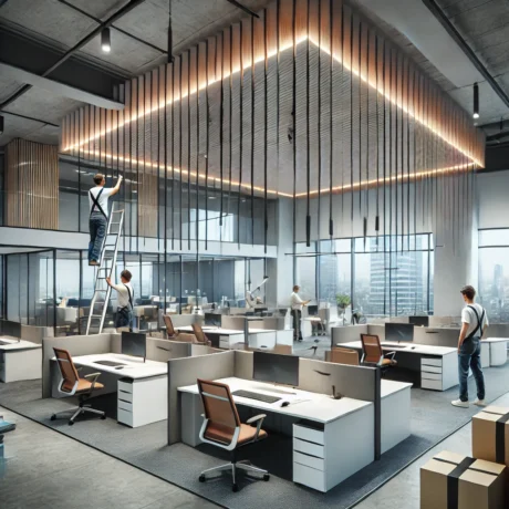 DALL·E 2025-03-15 16.42.16 - A modern commercial office interior under construction with workers installing desks, partitions, and lighting. The design features sleek, contemporar