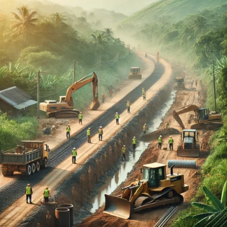 DALL·E 2025-03-15 16.44.46 - A rural road construction project with workers and machinery laying the foundation for a new pathway. The scene shows bulldozers, excavators, and work